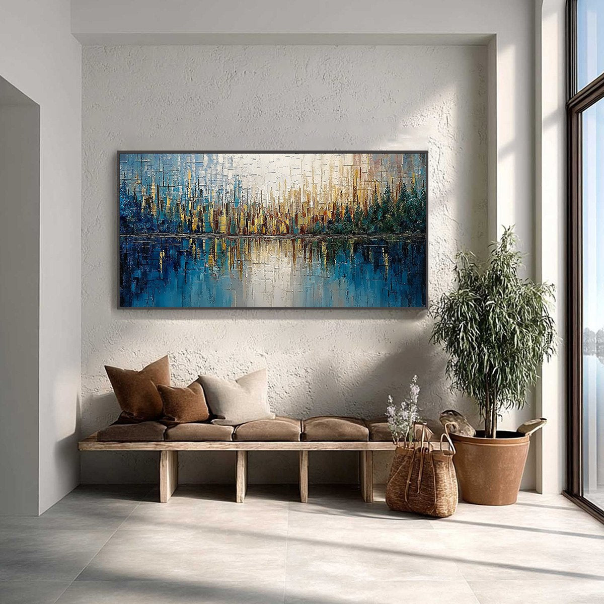 GOLDEN HORIZON: Textured Abstract Cityscape Reflection Oil Painting - Image 2