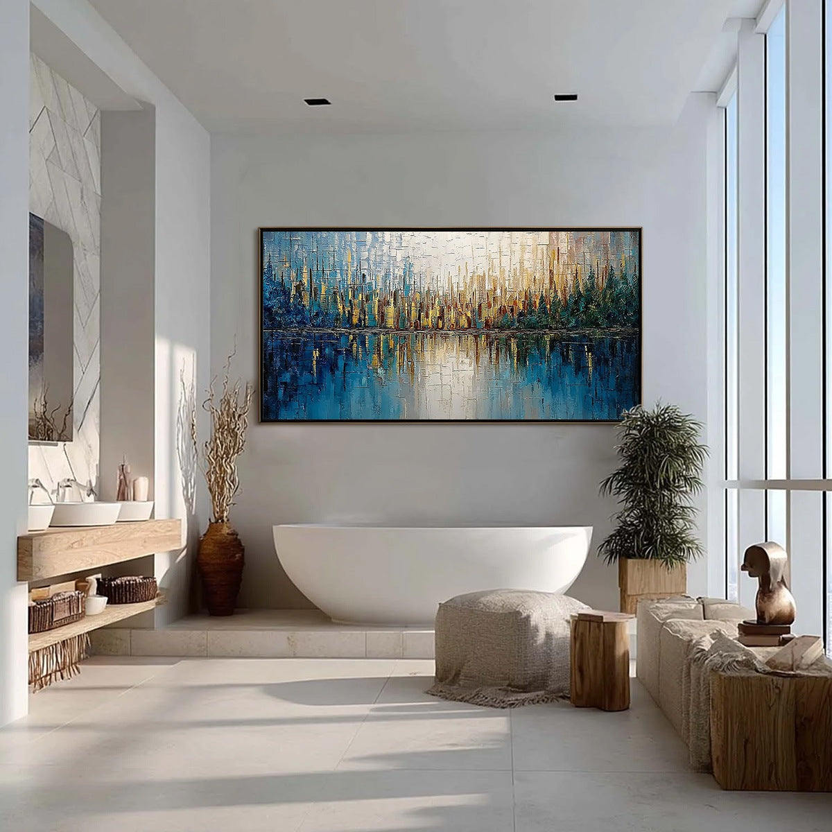 GOLDEN HORIZON: Textured Abstract Cityscape Reflection Oil Painting - Image 4