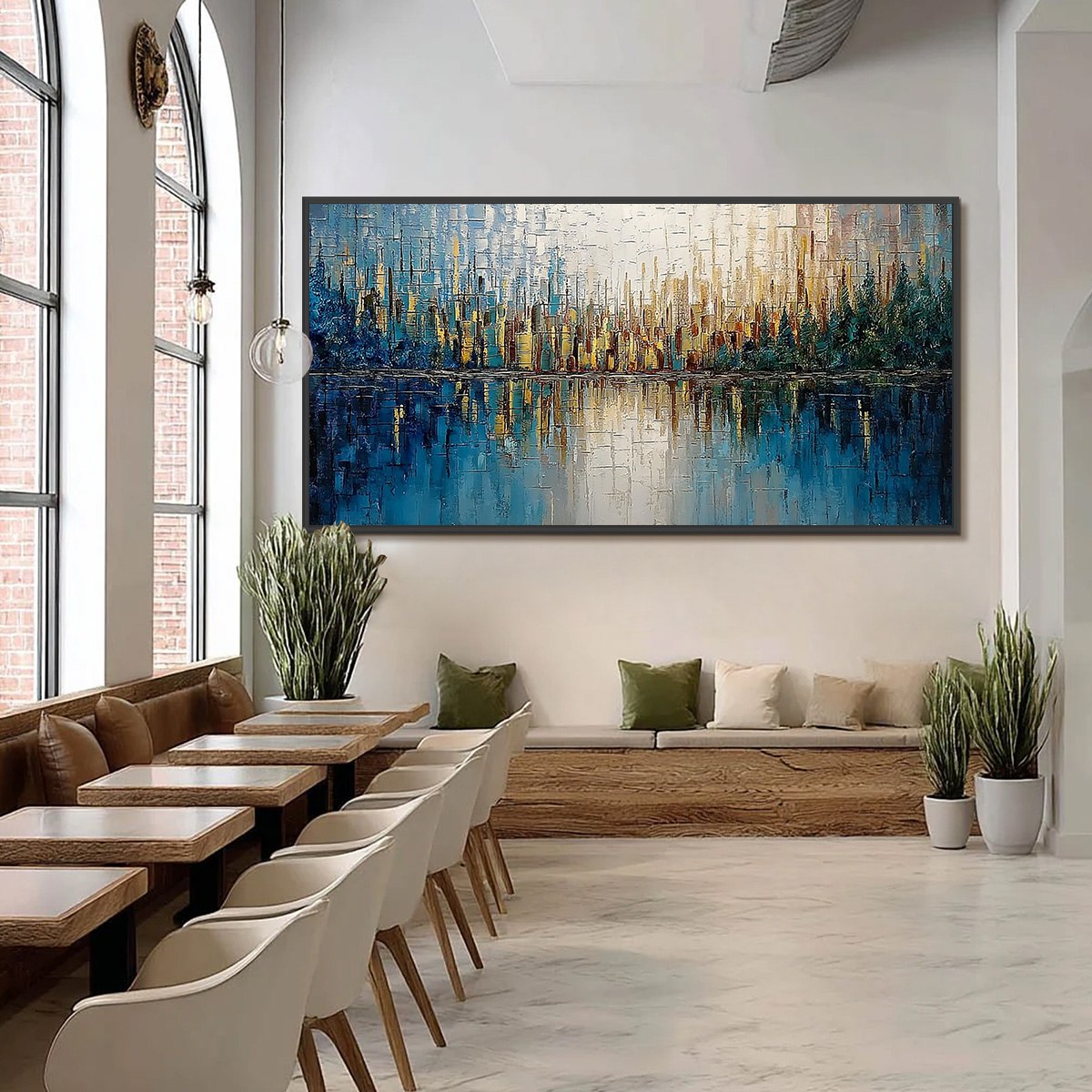GOLDEN HORIZON: Textured Abstract Cityscape Reflection Oil Painting - Image 6