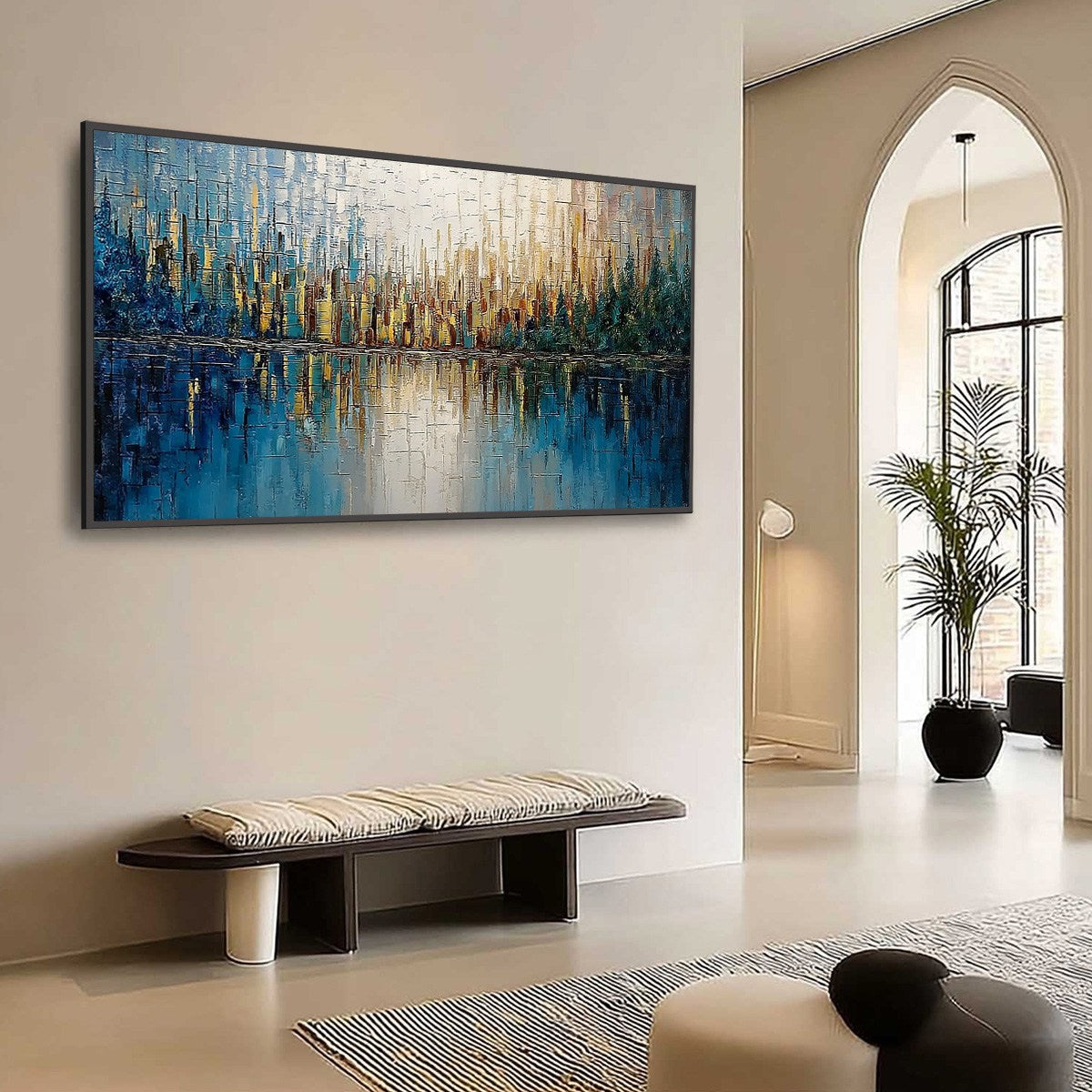 GOLDEN HORIZON: Textured Abstract Cityscape Reflection Oil Painting - Image 7