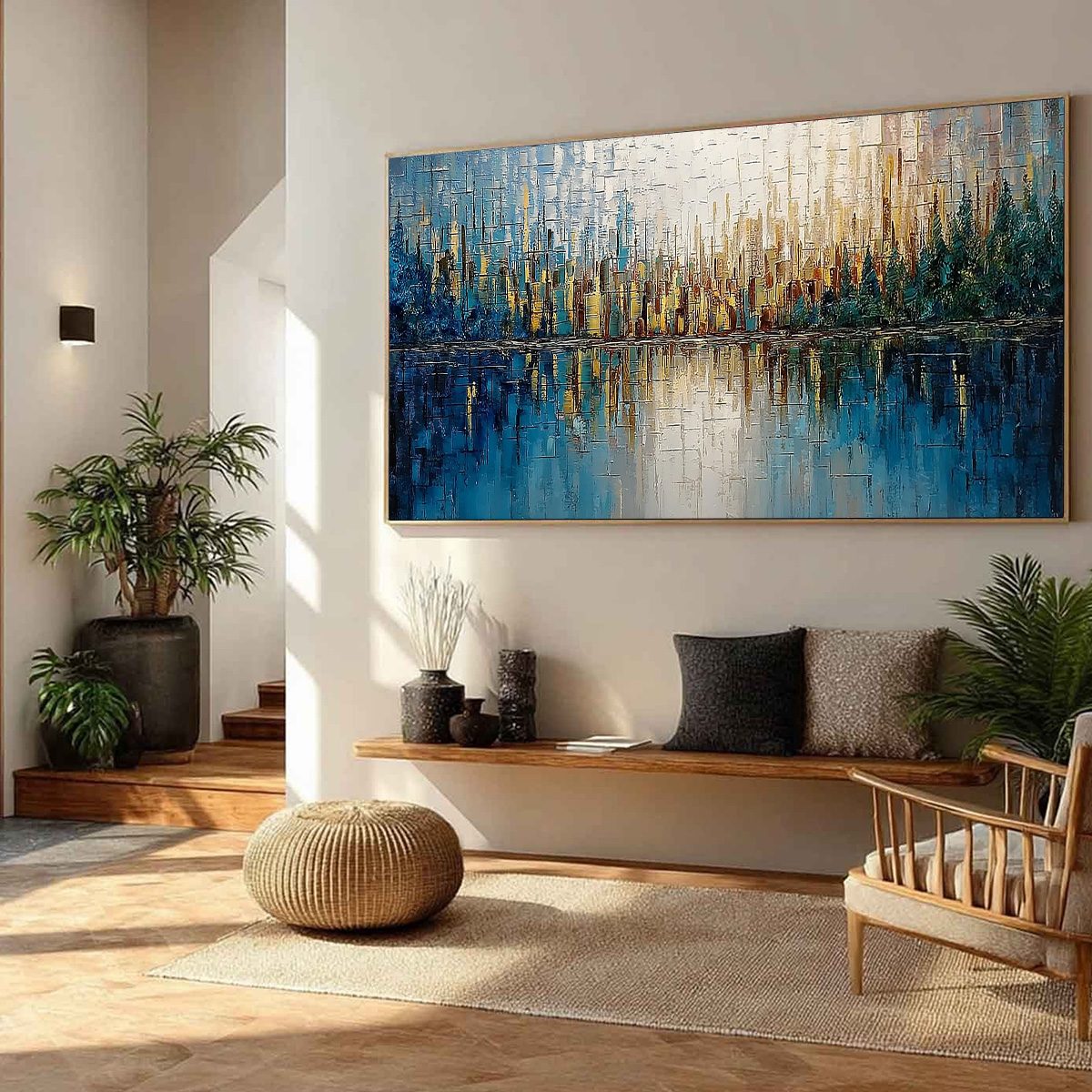 GOLDEN HORIZON: Textured Abstract Cityscape Reflection Oil Painting - Image 8