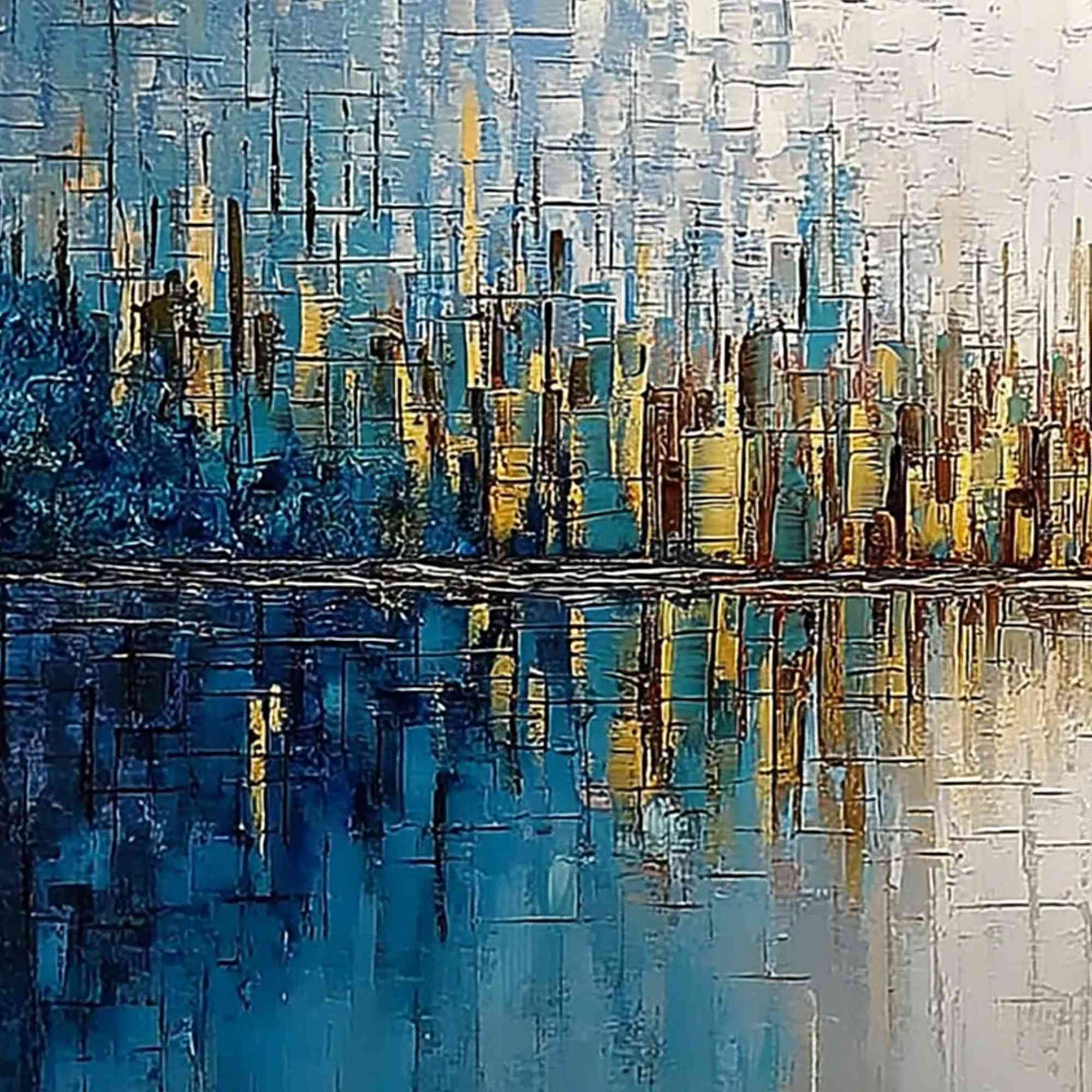GOLDEN HORIZON: Textured Abstract Cityscape Reflection Oil Painting - Image 3