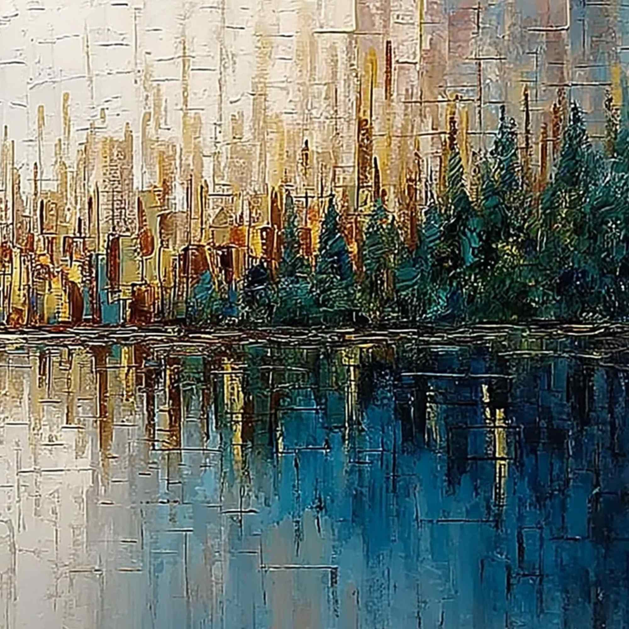 GOLDEN HORIZON: Textured Abstract Cityscape Reflection Oil Painting - Image 5