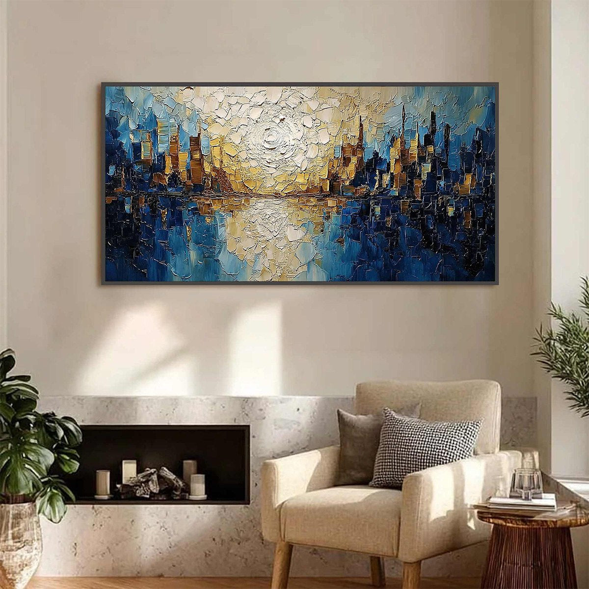 GOLDEN HORIZON: Textured Impasto Cityscape Reflection Oil Painting - Image 2