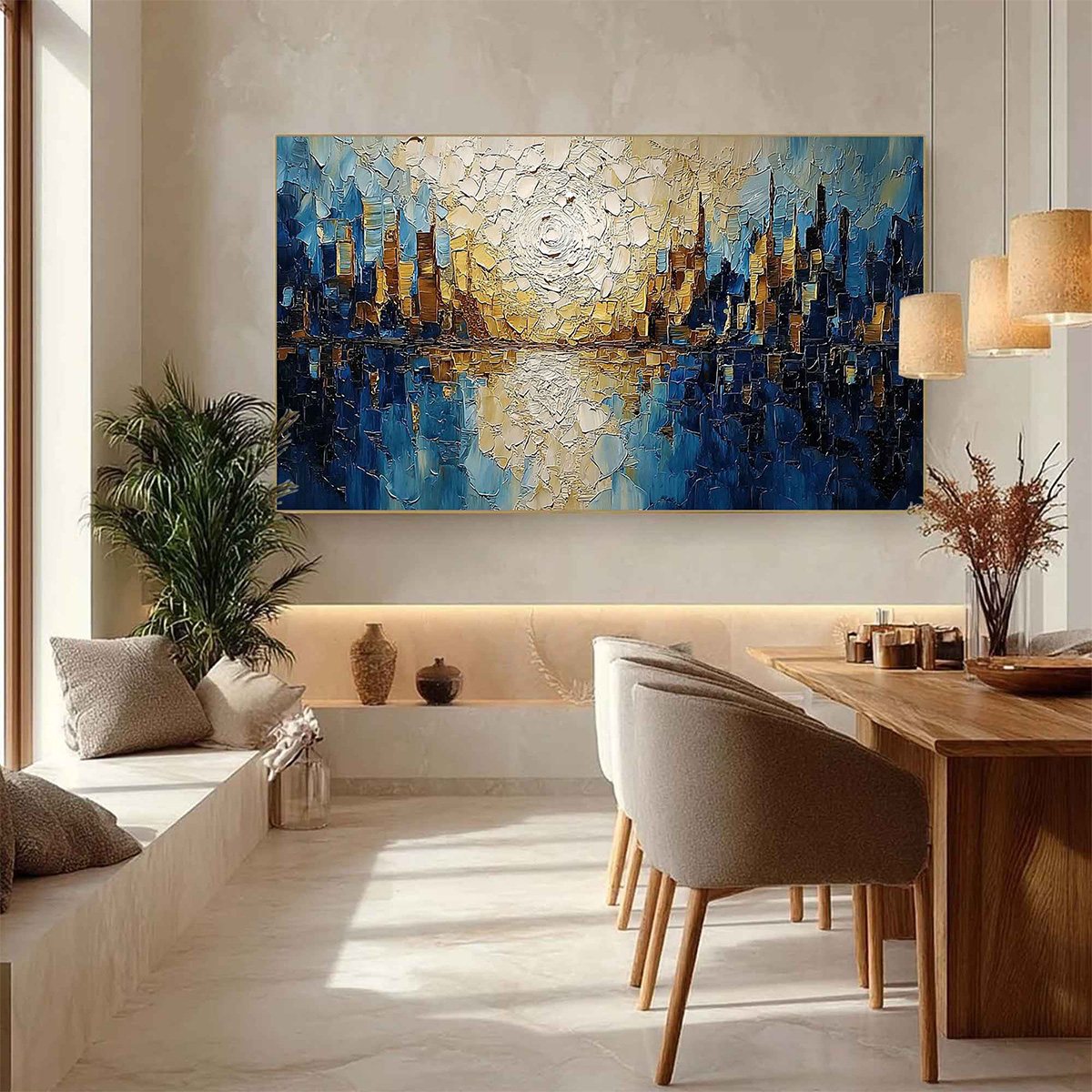 GOLDEN HORIZON: Textured Impasto Cityscape Reflection Oil Painting - Image 4