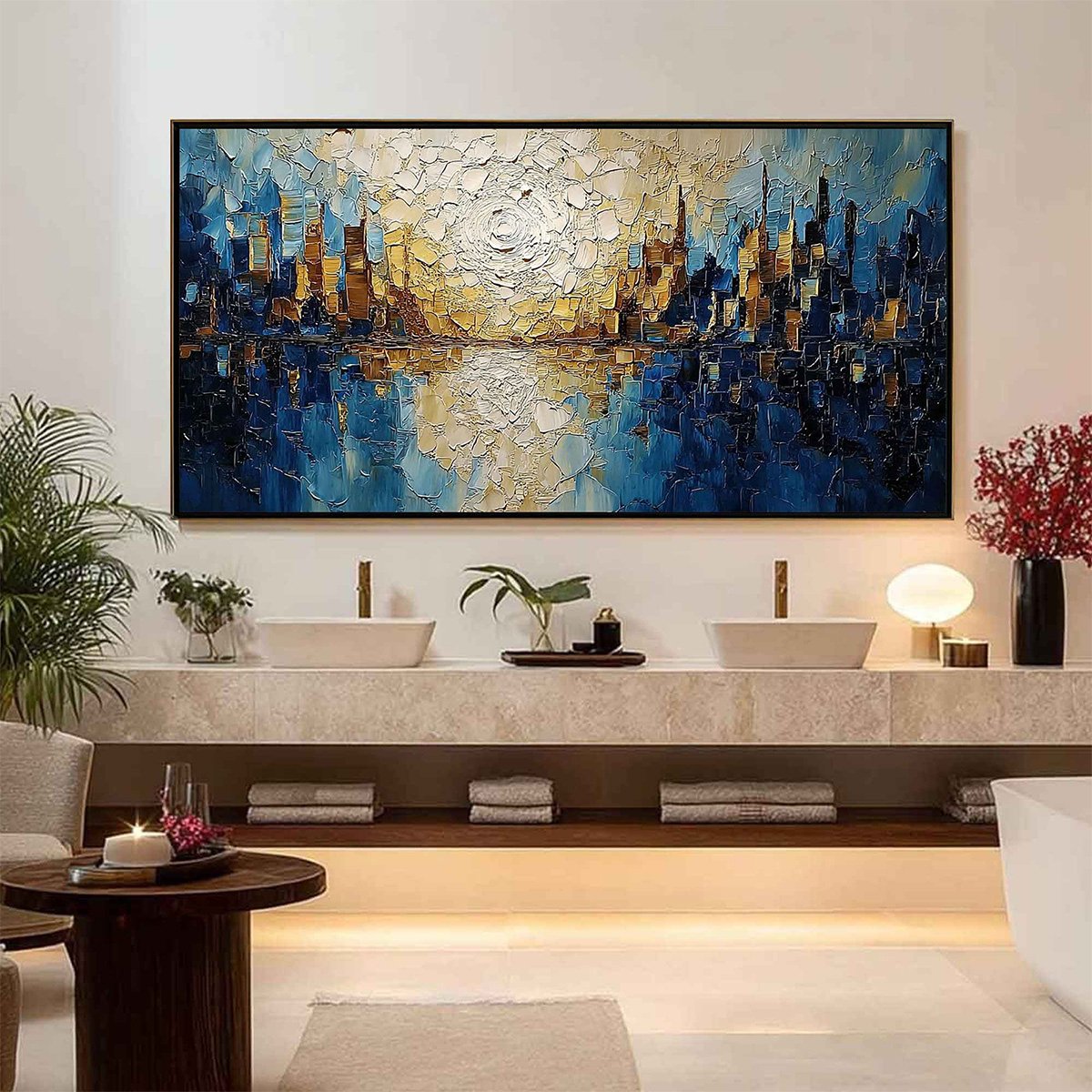 GOLDEN HORIZON: Textured Impasto Cityscape Reflection Oil Painting - Image 6