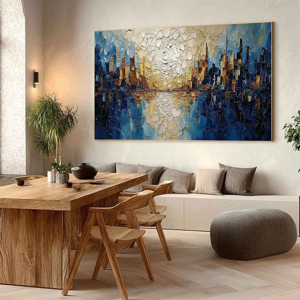GOLDEN HORIZON: Textured Impasto Cityscape Reflection Oil Painting - Image 7