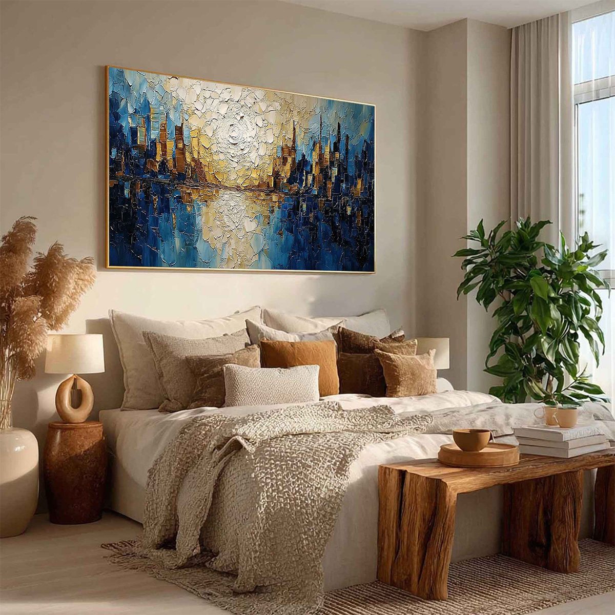 GOLDEN HORIZON: Textured Impasto Cityscape Reflection Oil Painting - Image 8