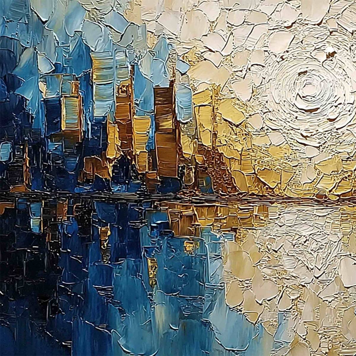 GOLDEN HORIZON: Textured Impasto Cityscape Reflection Oil Painting - Image 3