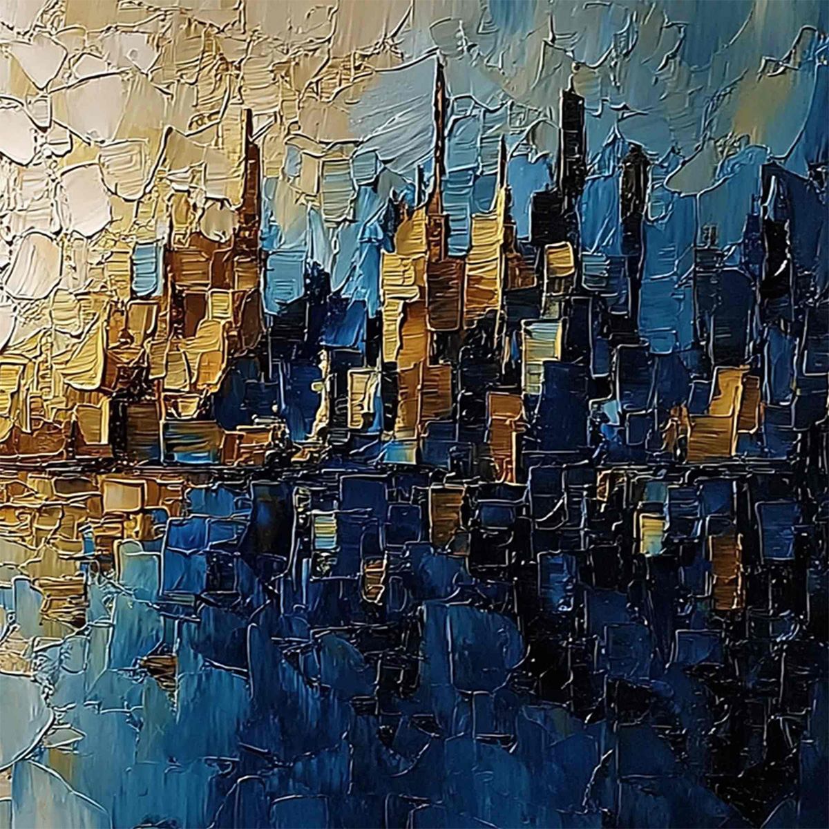GOLDEN HORIZON: Textured Impasto Cityscape Reflection Oil Painting - Image 5