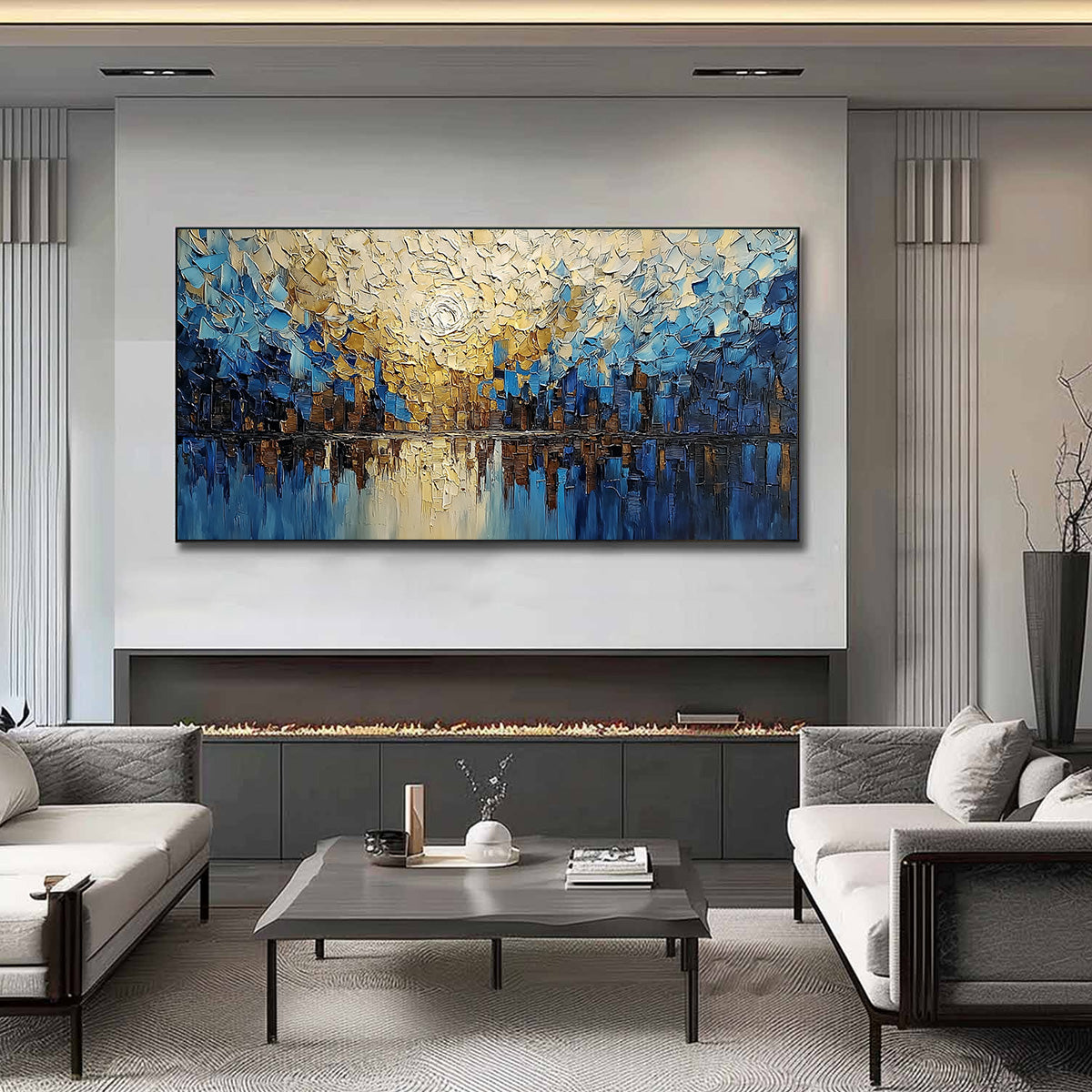 GOLDEN HORIZON: Textured Impasto Cityscape Reflection Painting - Image 8