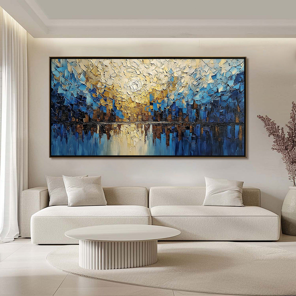 GOLDEN HORIZON: Textured Impasto Cityscape Reflection Painting - Image 2