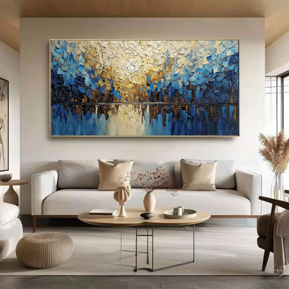 GOLDEN HORIZON: Textured Impasto Cityscape Reflection Painting - Image 4