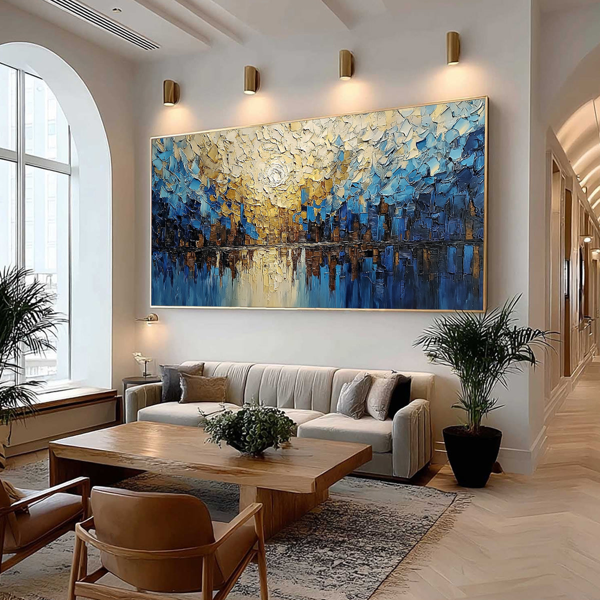 GOLDEN HORIZON: Textured Impasto Cityscape Reflection Painting - Image 7