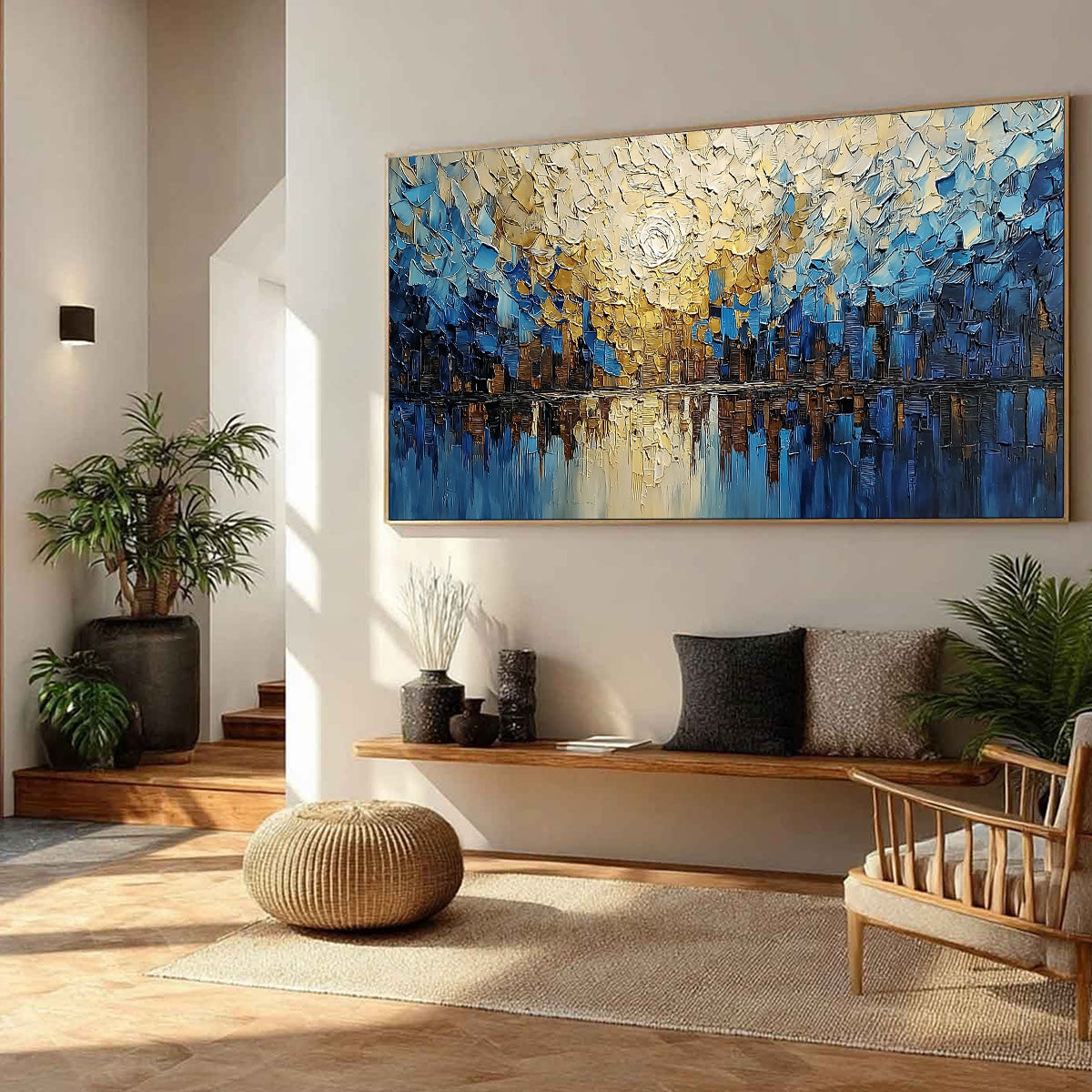 GOLDEN HORIZON: Textured Impasto Cityscape Reflection Painting - Image 6