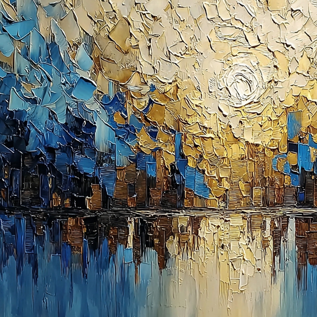 GOLDEN HORIZON: Textured Impasto Cityscape Reflection Painting - Image 5