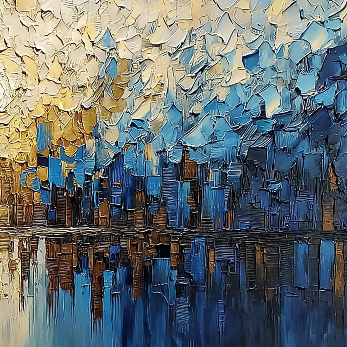 GOLDEN HORIZON: Textured Impasto Cityscape Reflection Painting - Image 3