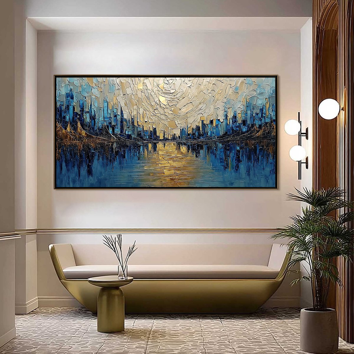 GOLDEN HORIZON: Textured Palette Knife Cityscape Reflection Painting - Image 2