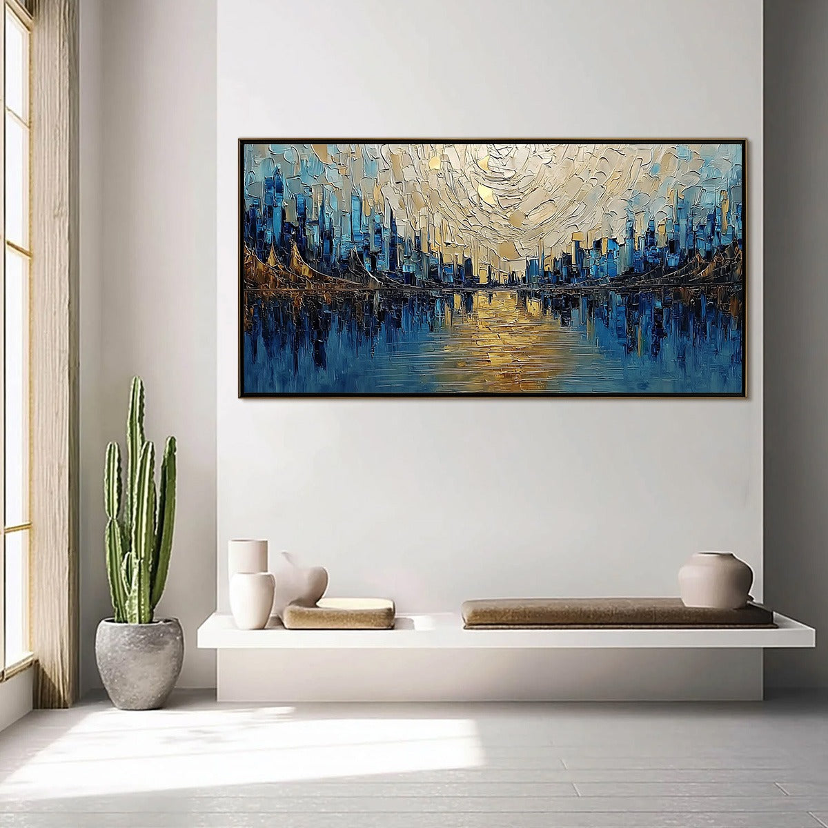 GOLDEN HORIZON: Textured Palette Knife Cityscape Reflection Painting - Image 4