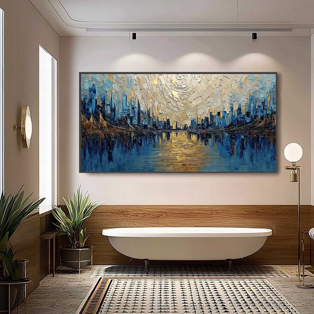 GOLDEN HORIZON: Textured Palette Knife Cityscape Reflection Painting - Image 6