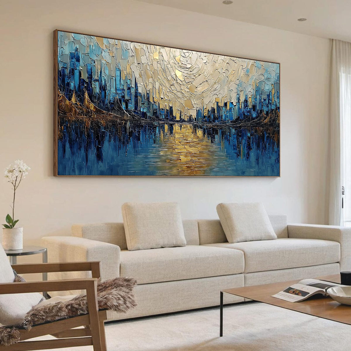 GOLDEN HORIZON: Textured Palette Knife Cityscape Reflection Painting - Image 7