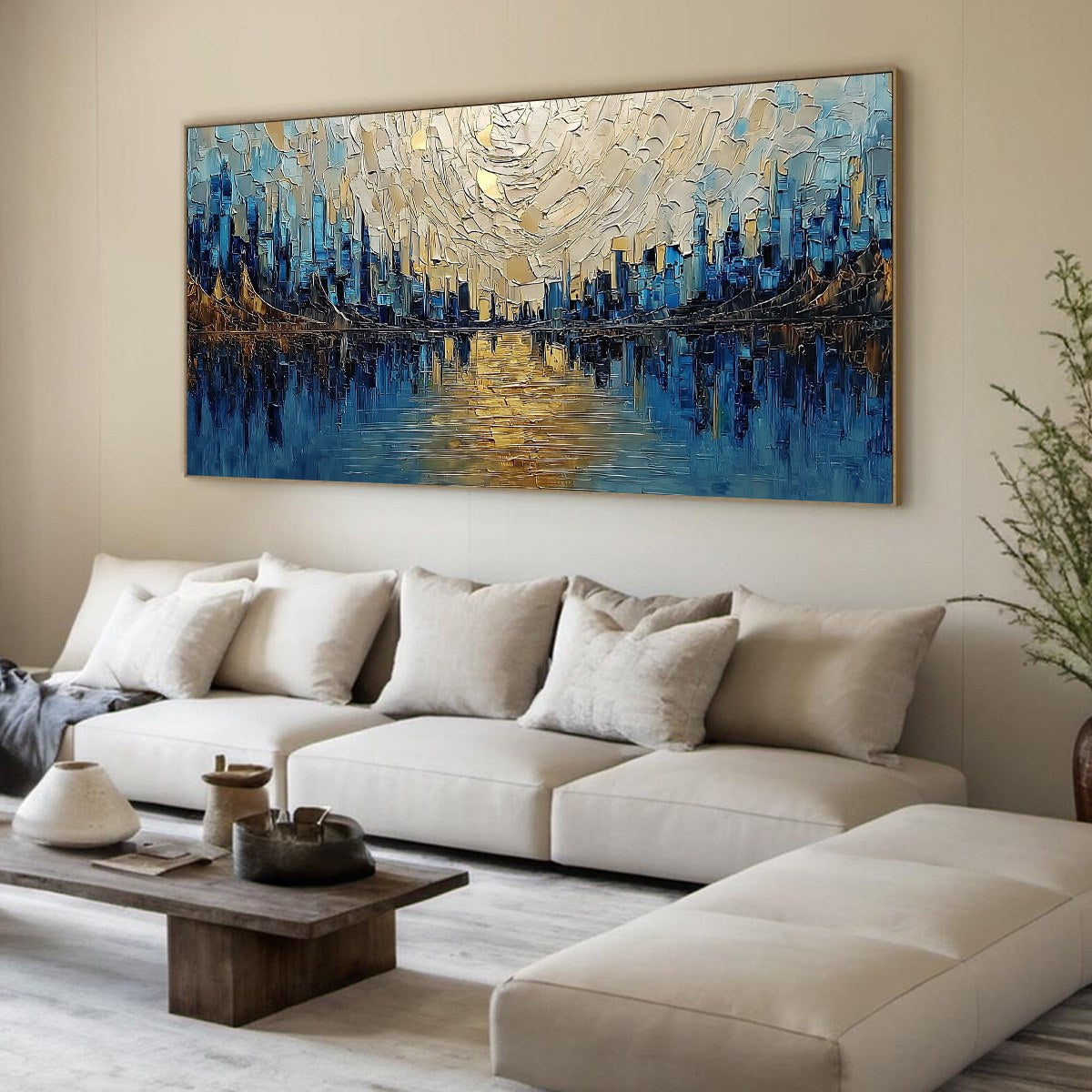 GOLDEN HORIZON: Textured Palette Knife Cityscape Reflection Painting - Image 8