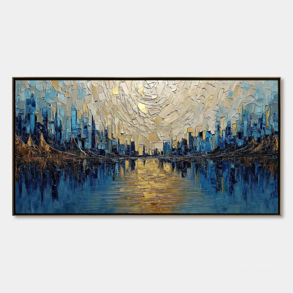 GOLDEN HORIZON: Textured Palette Knife Cityscape Reflection Painting