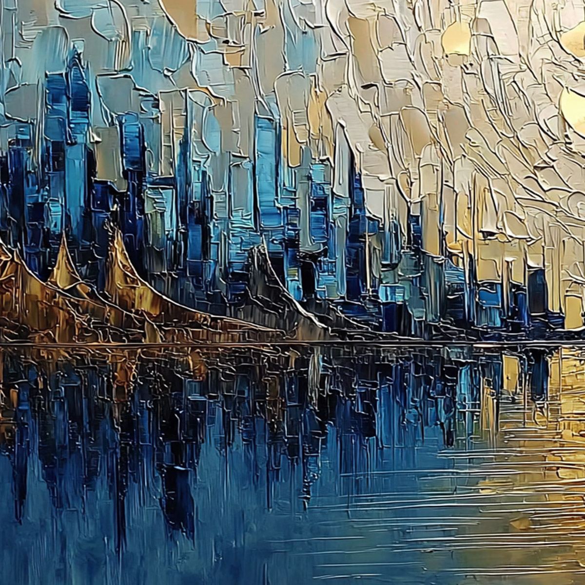 GOLDEN HORIZON: Textured Palette Knife Cityscape Reflection Painting - Image 3