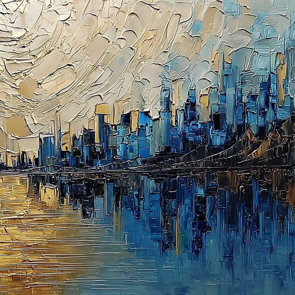 GOLDEN HORIZON: Textured Palette Knife Cityscape Reflection Painting - Image 5