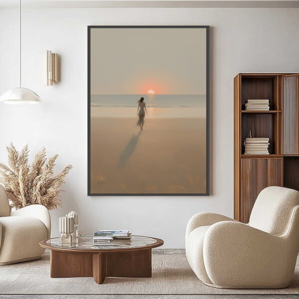 GOLDEN HOUR SOLACE: Minimalist Wabi Sabi Beach Scene Oil Painting