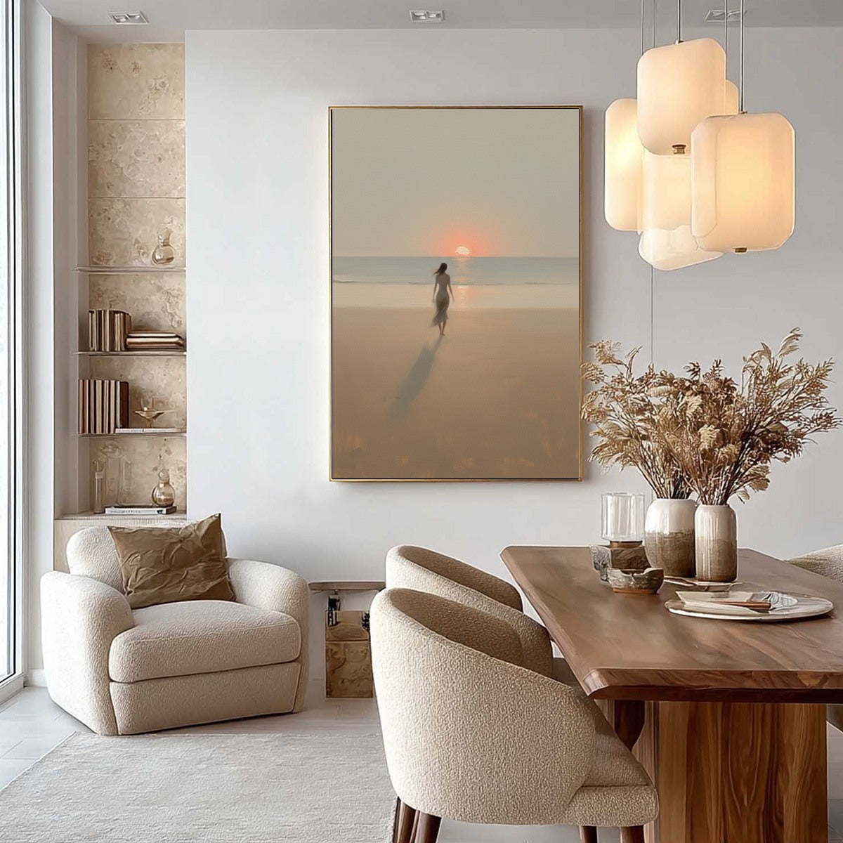 GOLDEN HOUR SOLACE: Minimalist Wabi Sabi Beach Scene Oil Painting - Image 6