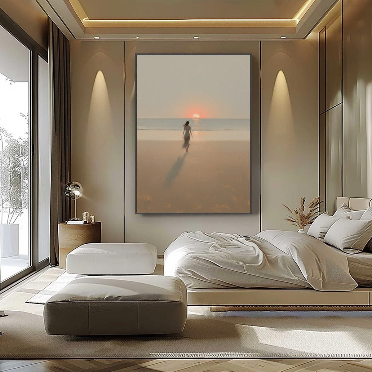 GOLDEN HOUR SOLACE: Minimalist Wabi Sabi Beach Scene Oil Painting - Image 2