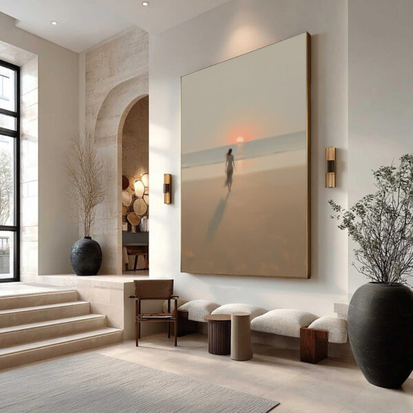 GOLDEN HOUR SOLACE: Minimalist Wabi Sabi Beach Scene Oil Painting