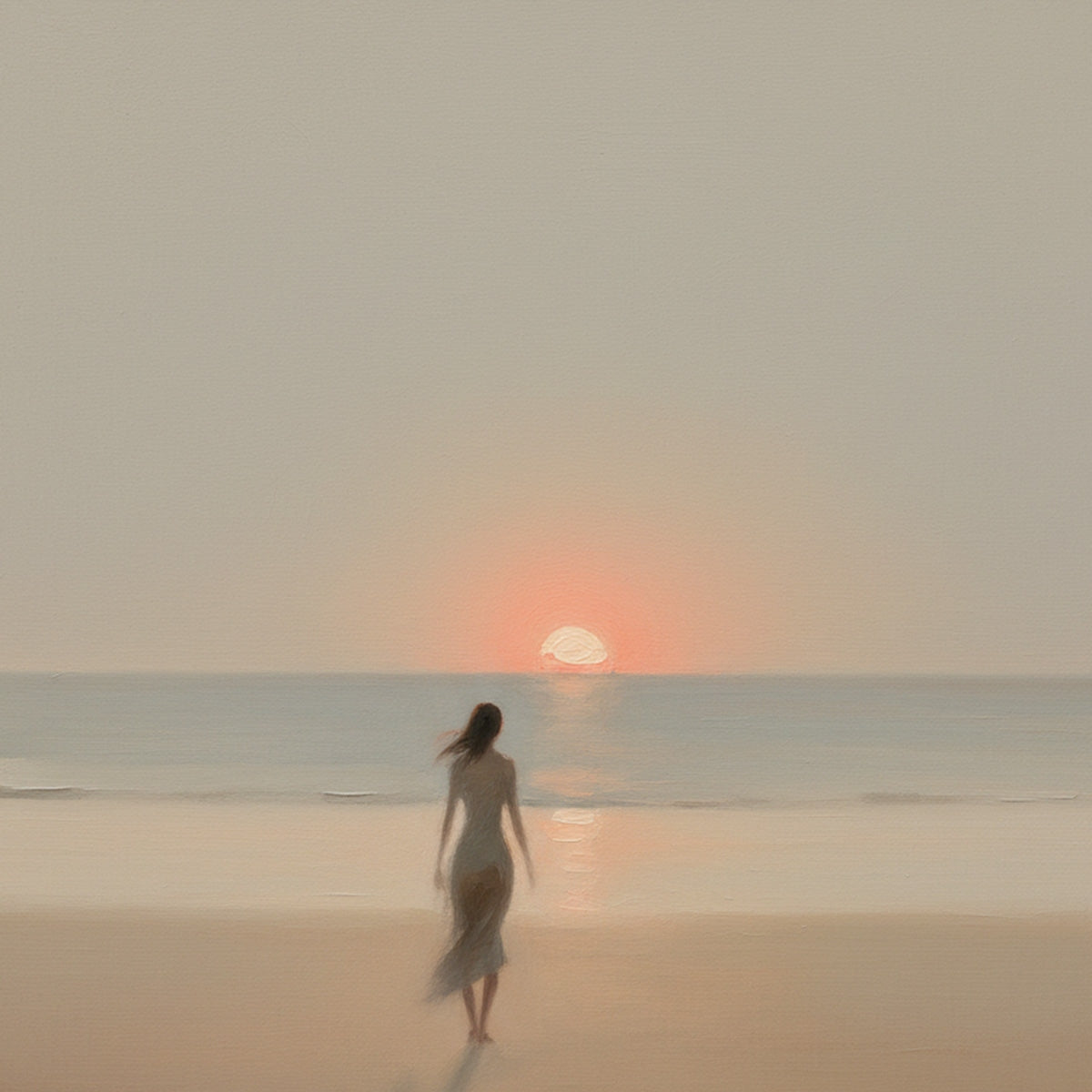 GOLDEN HOUR SOLACE: Minimalist Wabi Sabi Beach Scene Oil Painting - Image 3