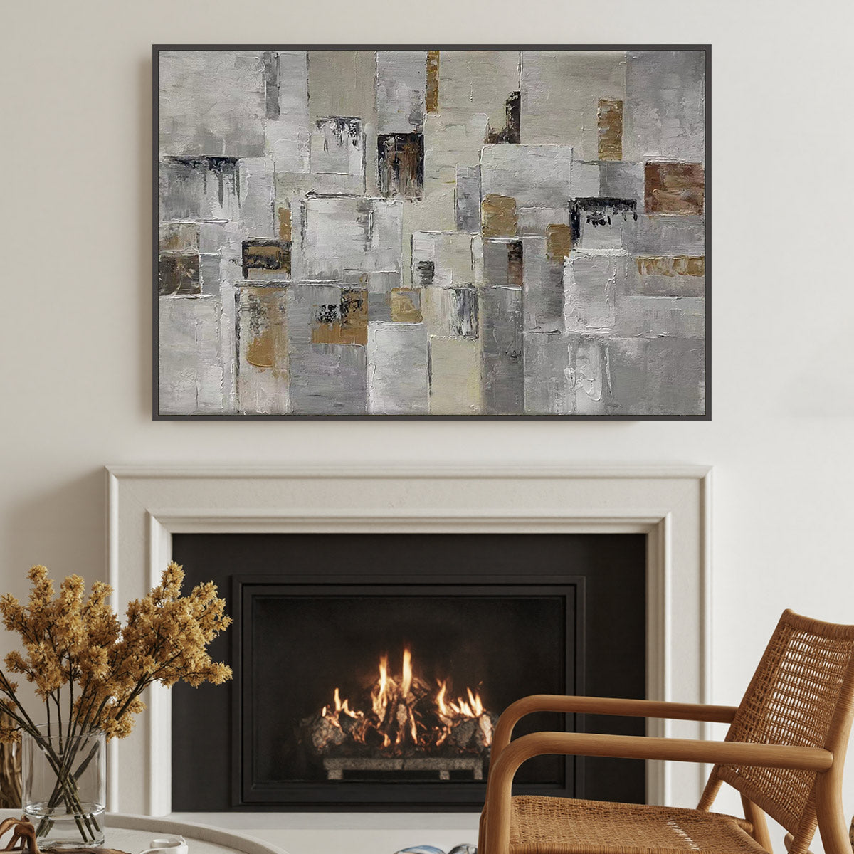 Ready to Ship | Golden Intersection: Abstract Geometric Textured Oil Wall Art - Image 3