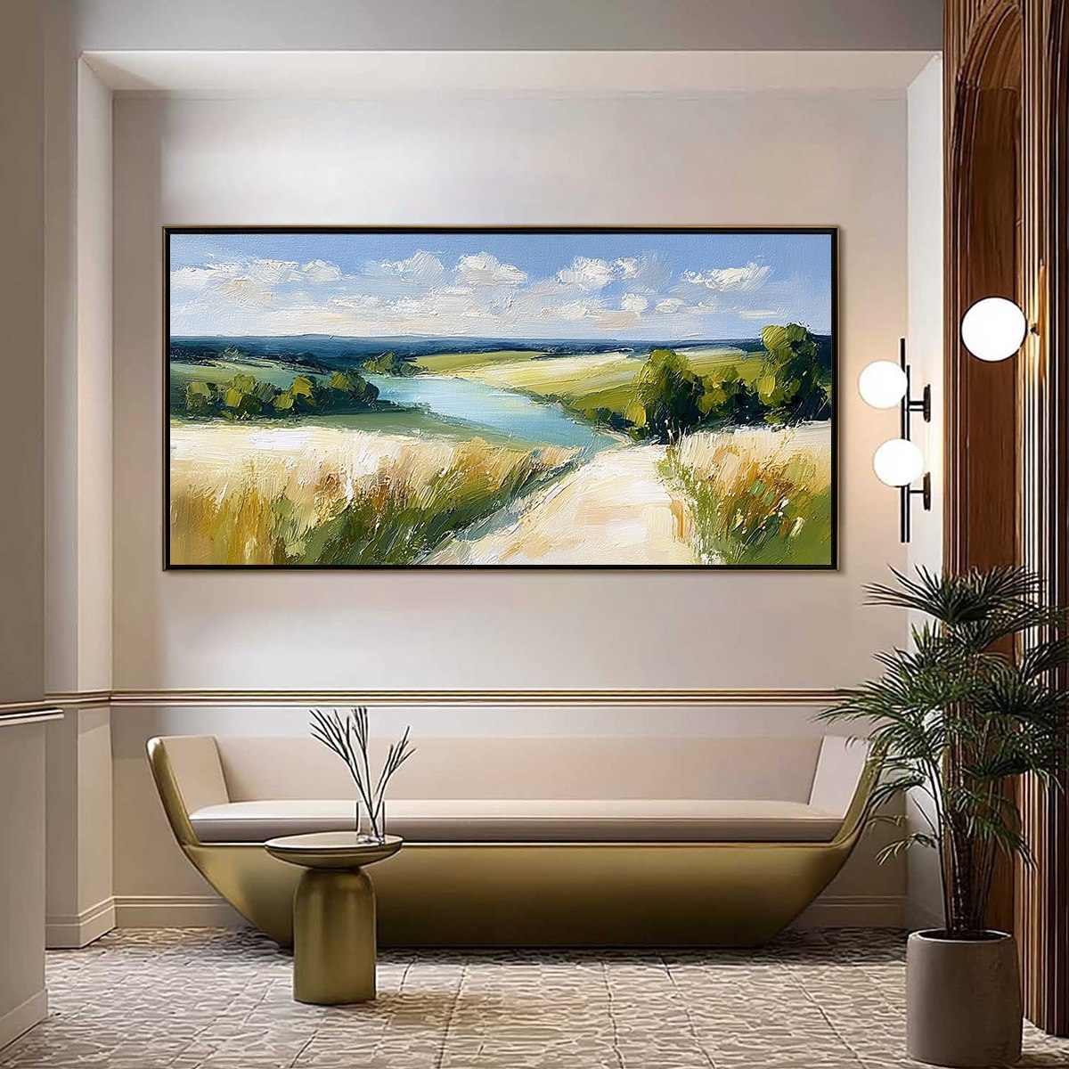 GOLDEN MEADOW PATH: Textured Impasto Landscape Painting of a Countryside River - Image 2