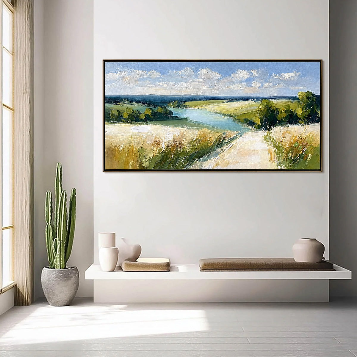 GOLDEN MEADOW PATH: Textured Impasto Landscape Painting of a Countryside River - Image 4