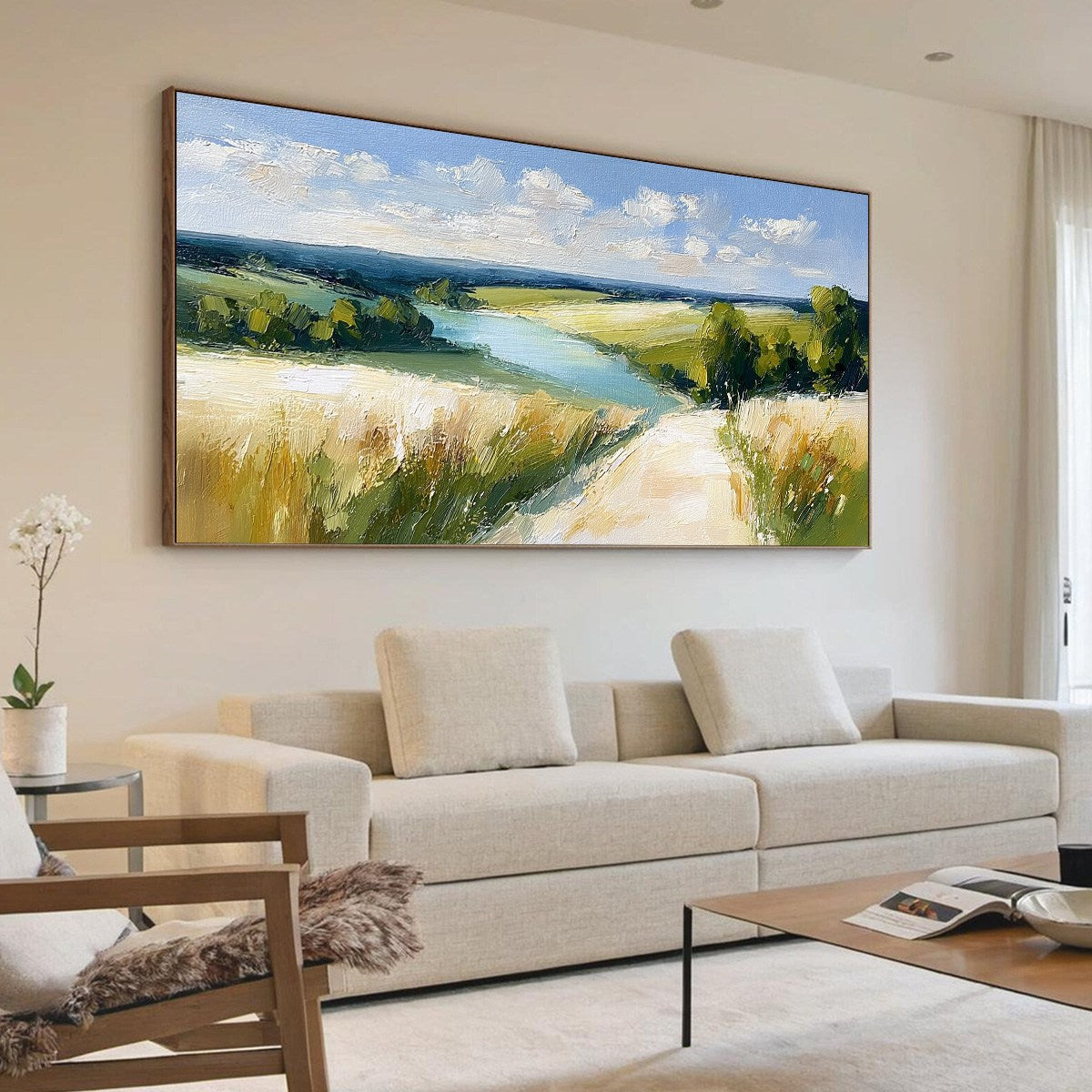 GOLDEN MEADOW PATH: Textured Impasto Landscape Painting of a Countryside River - Image 7
