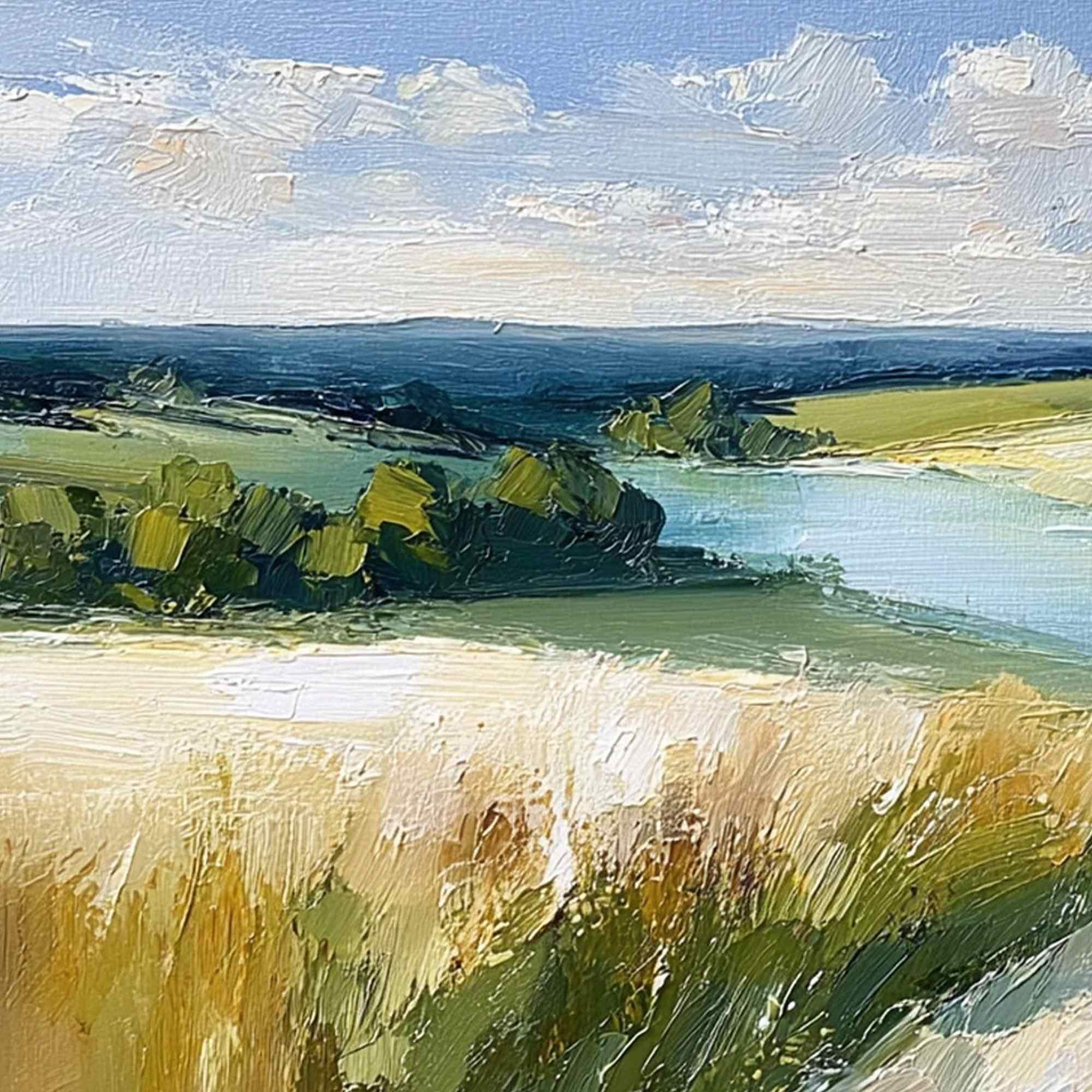 GOLDEN MEADOW PATH: Textured Impasto Landscape Painting of a Countryside River - Image 3