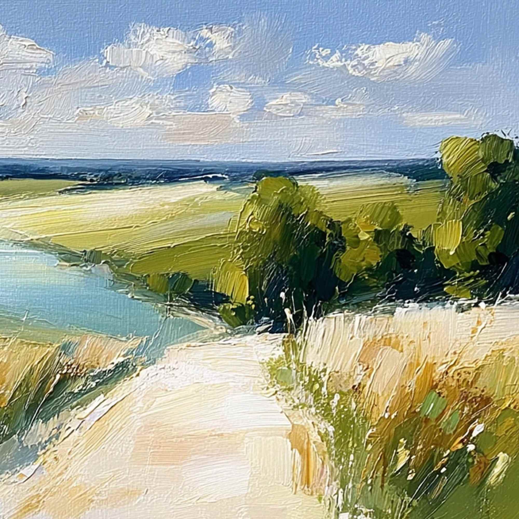 GOLDEN MEADOW PATH: Textured Impasto Landscape Painting of a Countryside River - Image 5