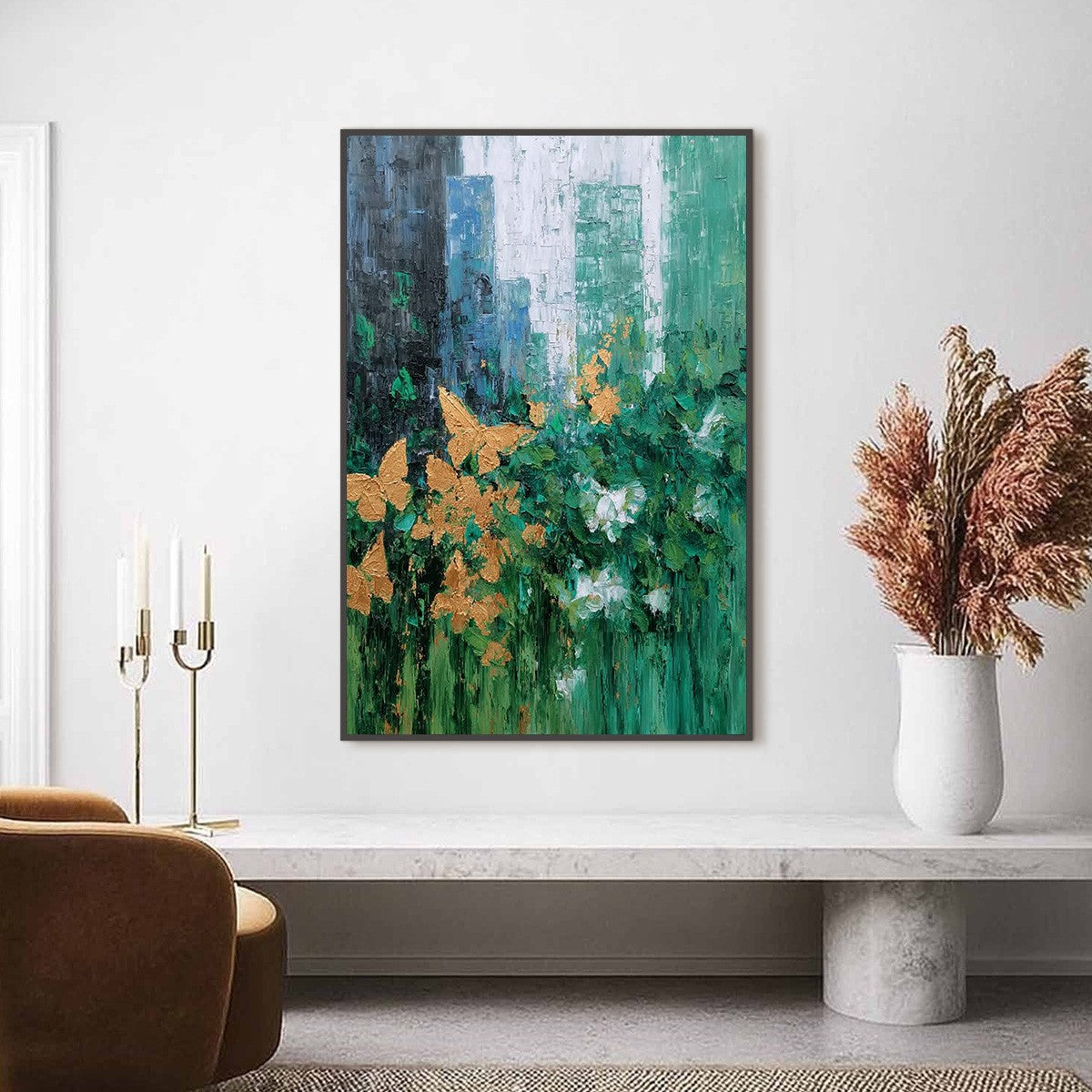 GOLDEN METAMORPHOSIS: Textured Abstract Cityscape Painting with Golden Butterflies - Image 2