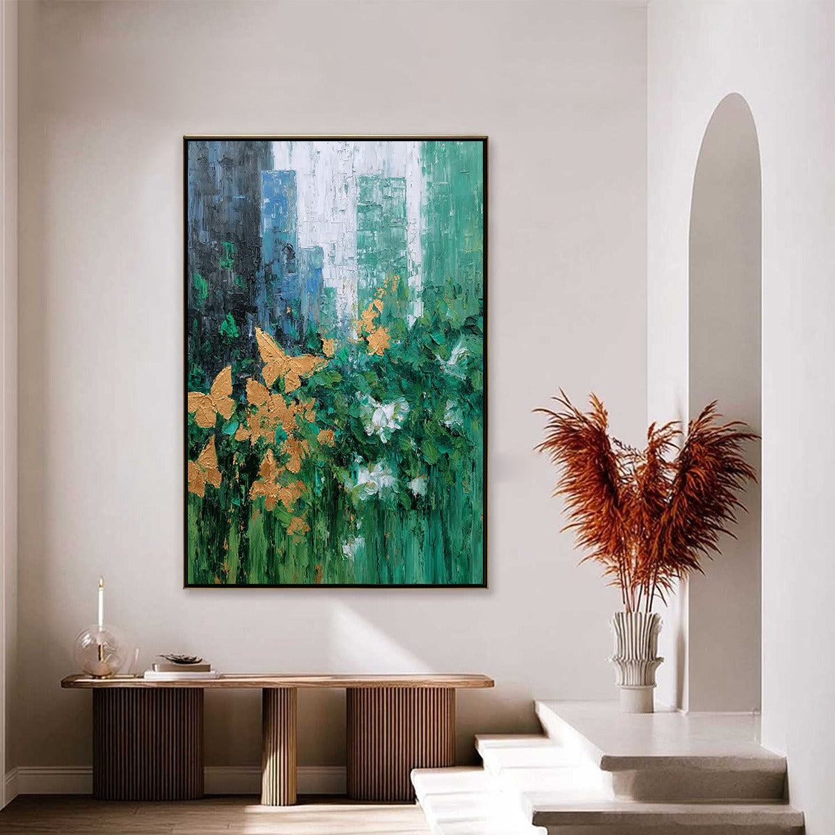 GOLDEN METAMORPHOSIS: Textured Abstract Cityscape Painting with Golden Butterflies - Image 4