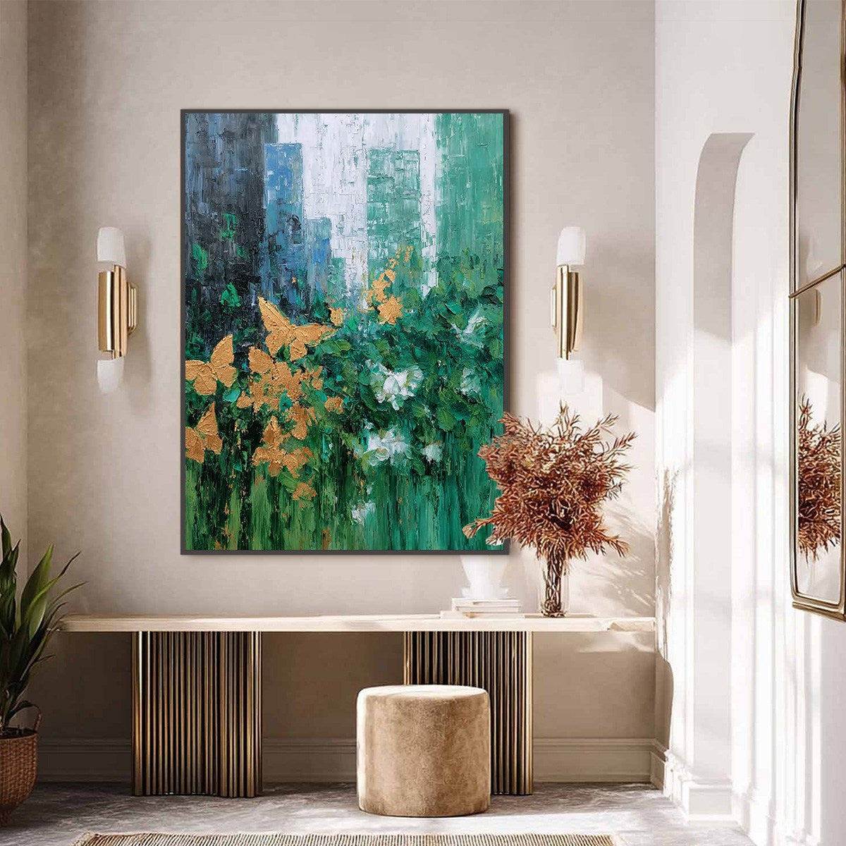 GOLDEN METAMORPHOSIS: Textured Abstract Cityscape Painting with Golden Butterflies - Image 6