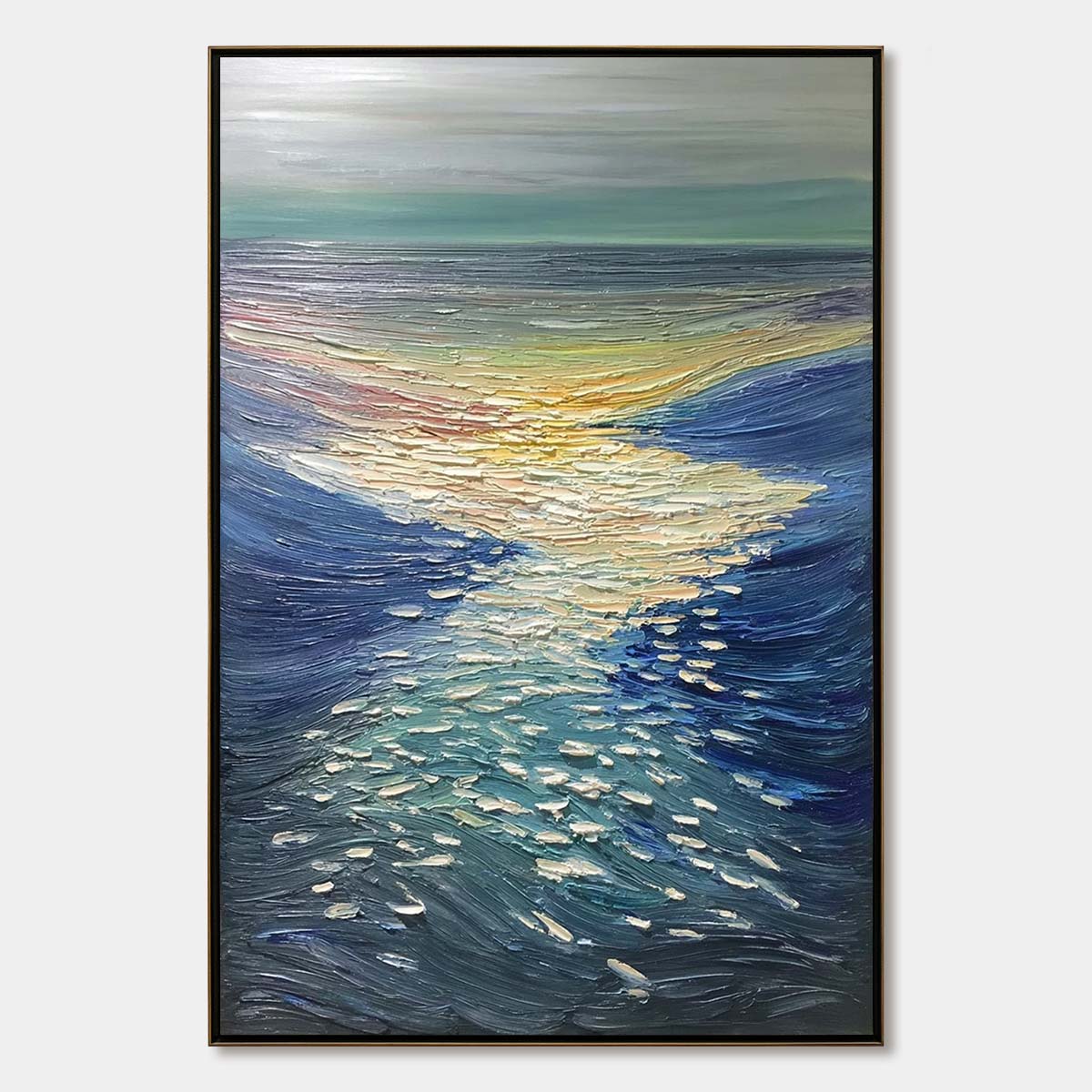 GOLDEN REFLECTION: Textured Impasto Seascape Oil Painting of Ocean Sunset