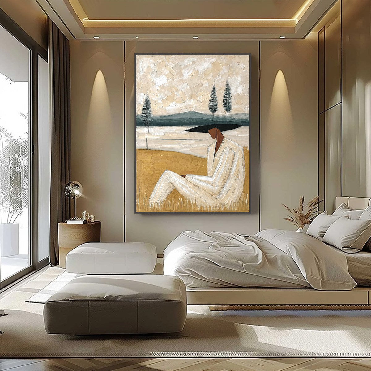 GOLDEN REPOSE: Textured Figurative Painting of a Woman in a Landscape - Image 6