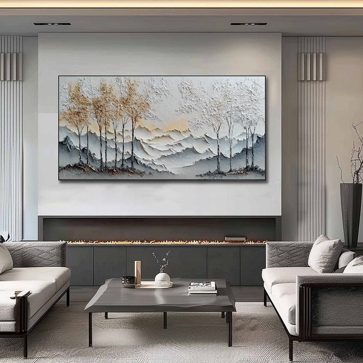 GOLDEN SILENCE: Textured Wabi Sabi Mountain and Trees Landscape Painting - Image 2