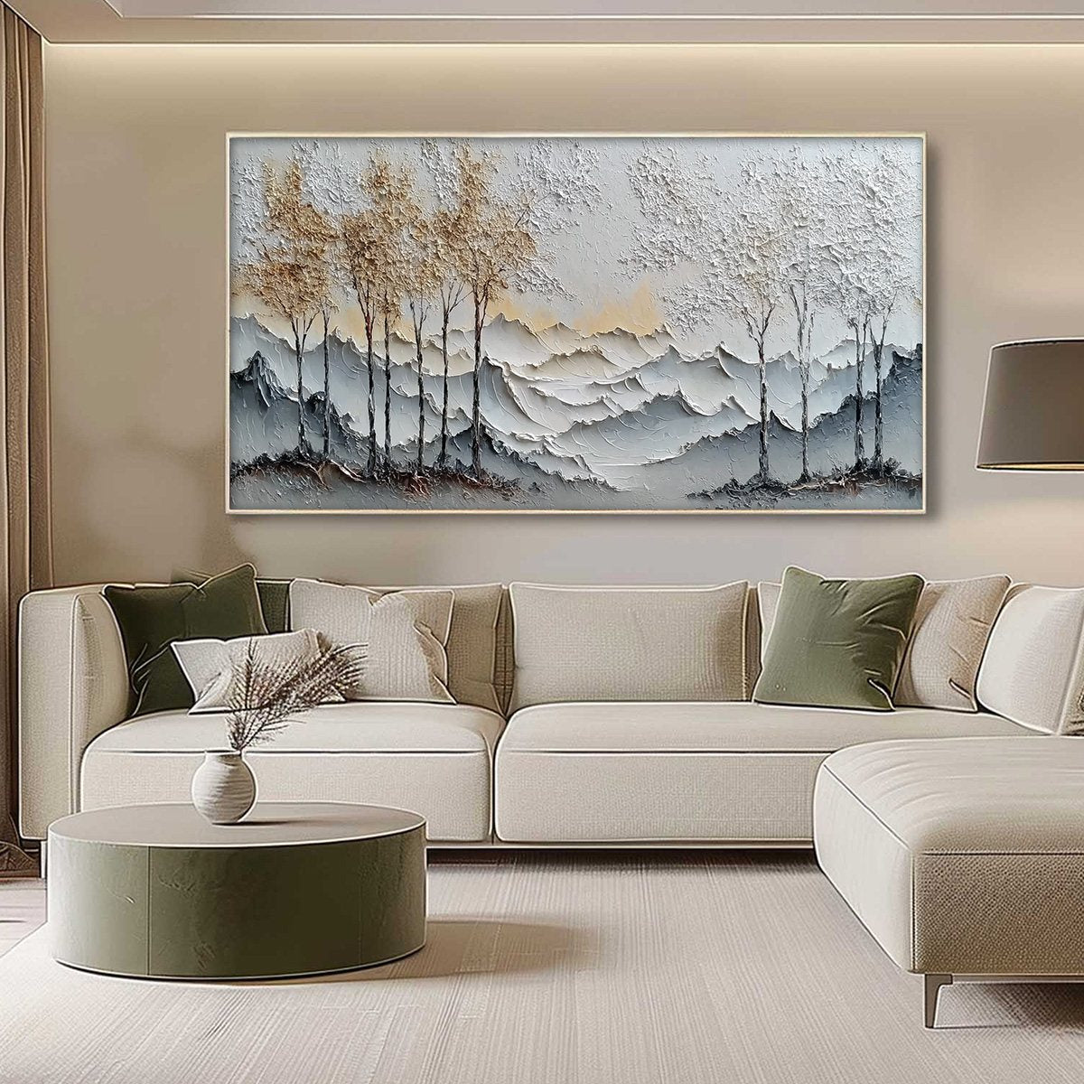 GOLDEN SILENCE: Textured Wabi Sabi Mountain and Trees Landscape Painting - Image 4