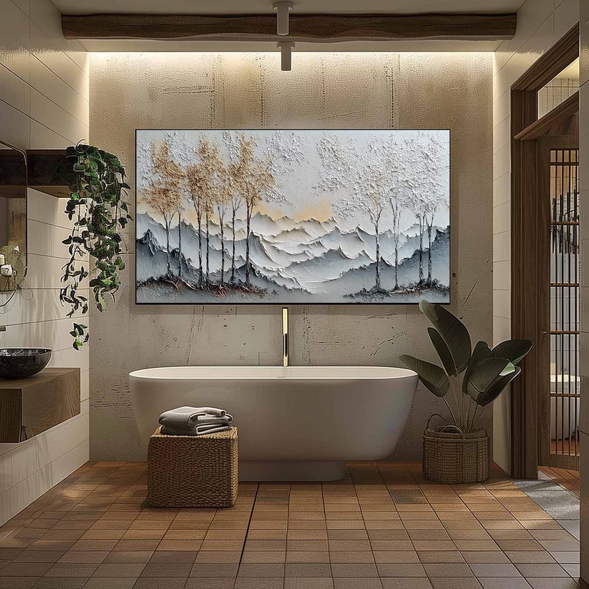 GOLDEN SILENCE: Textured Wabi Sabi Mountain and Trees Landscape Painting - Image 6