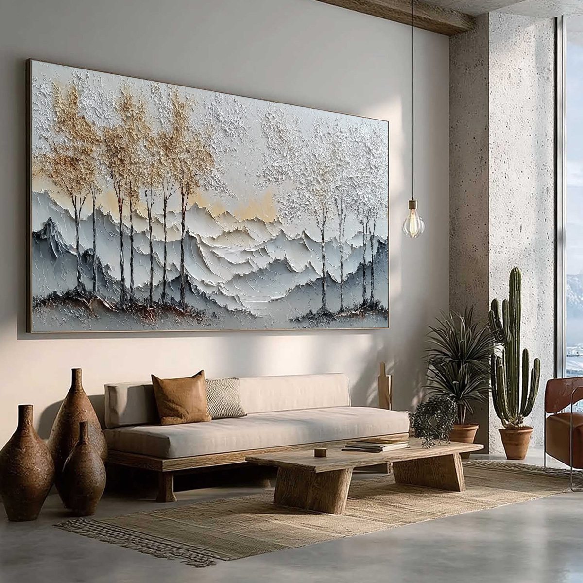 GOLDEN SILENCE: Textured Wabi Sabi Mountain and Trees Landscape Painting - Image 8