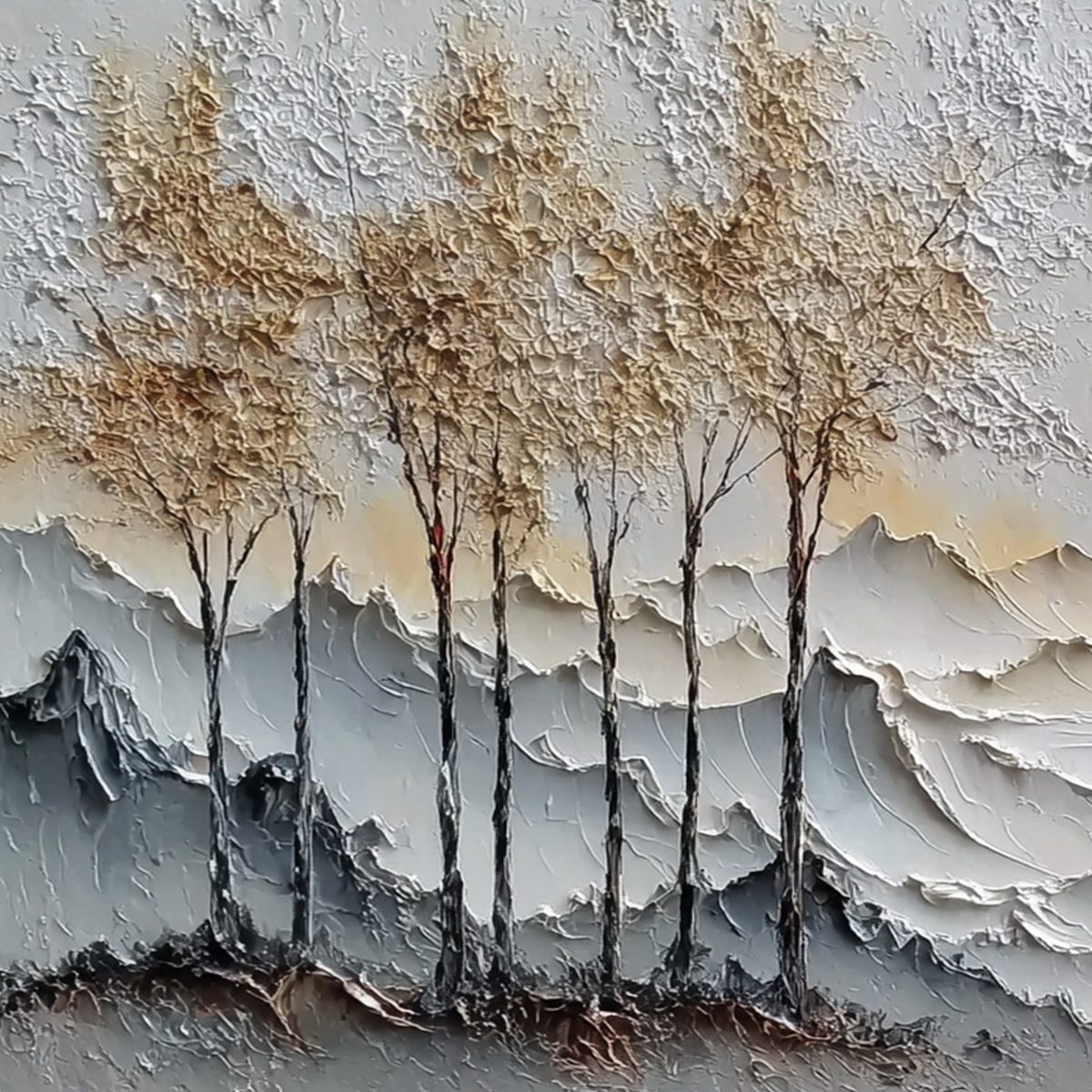GOLDEN SILENCE: Textured Wabi Sabi Mountain and Trees Landscape Painting - Image 3